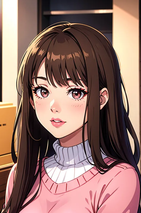 Girl, long straight brown hair, gray eyes, soft sharp features, white skin, pink lips, red sweater.