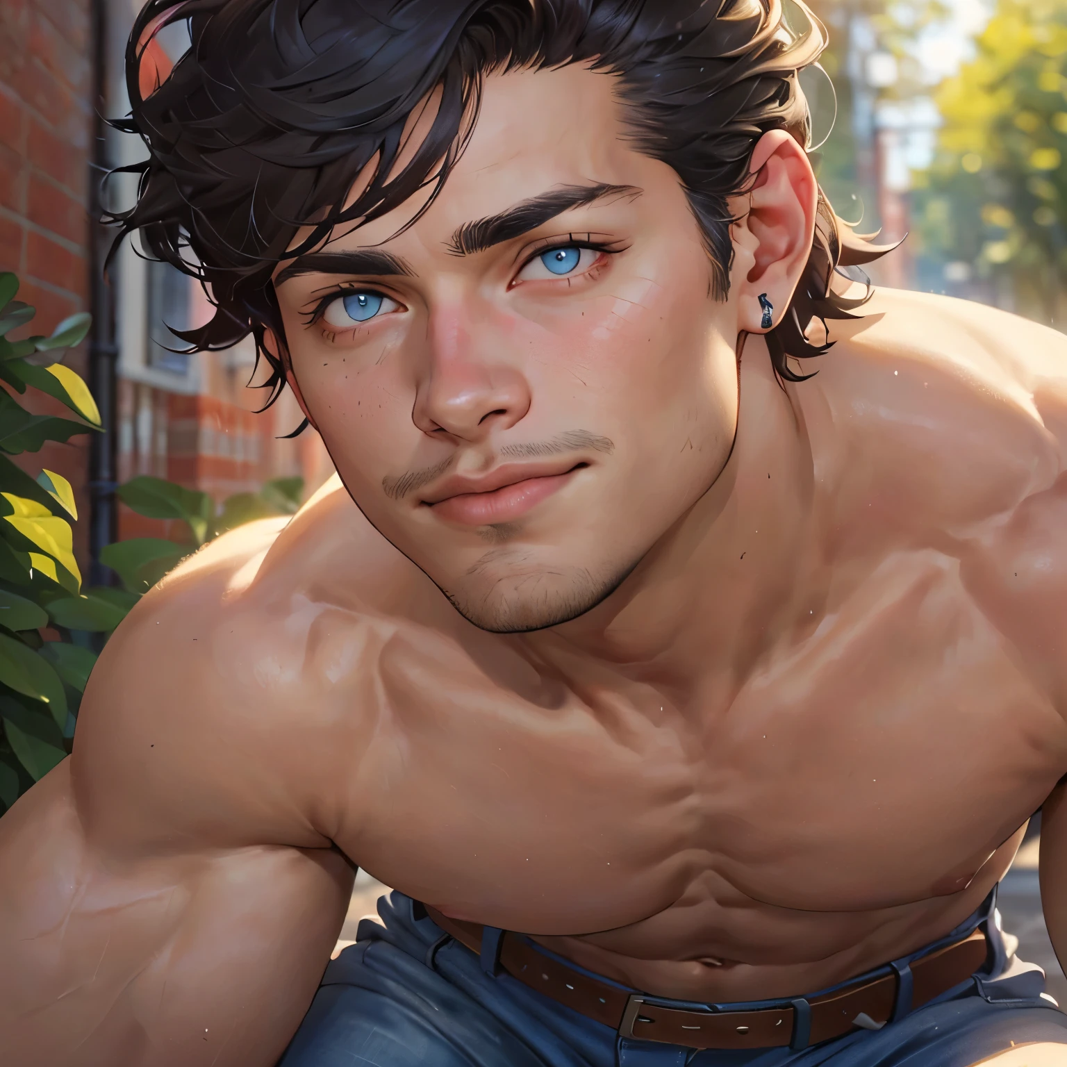 ((the best quality)), ((Masterpiece)), (details), perfect face, high definition, Masterpiece,4k,details clearly, Handsome face, white skin, perfect body, male body, strong muscles, abdomen, blue eyes, white skin, The most handsome man in the world, handsome, The coolest face, Male characters, close image (1man, shirtless), young man, mischievous smile, Extremely muscular tall man, open your eyes ((detailed eyes)), huge, muscular body and Massive, bulging pecs, muscular abs, narrow waist, short hair, blue eyes, delicate big eyes, carefree expression, clear face, handsome (detailed face, perfect face) ((extremely realistic shadows, bodybuilding posture, human, ((22-year-old young man)), V shape, fashion, Shirtless, Sunlight, street lower pants, topless, close up look, CG sense, Textured skin, the best quality, Storytelling images, show Panty line, Show your abs, show arm muscle, Black hair, shining blue eyes, eyes contact, leather belt, Red cheeks, bright, black jeans