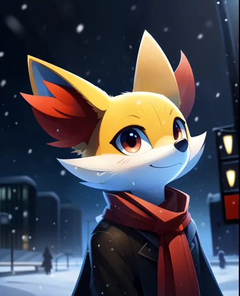 (by wamudraws, by b-epon, by exed eyes:1.25), anthro (fennekin:1.25), red scarf, detective cloak, standing, smile, waving at vie...