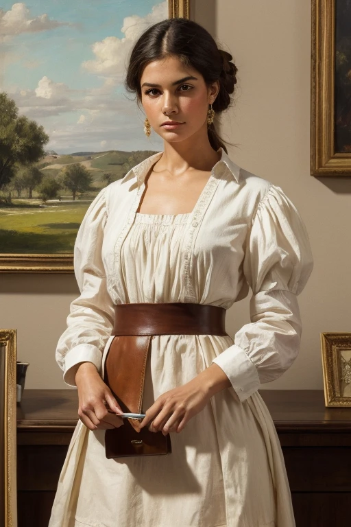 woman in blanc tablier holding a paintbrush and painting, blanc tablier, wearing an tablier, blanc waist tablier and undershirt, tablier, peint à l&#39;huile, Peinture à l&#39;huile professionnelle, Détail parfait, detailed blanc, grand portrait, leather tablier, avec deux poches avant, Portrait classique, artiste portant une combinaison, Détails pointus, inspiré par William Merritt Chase, blanc