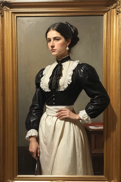 mujer con delantal blanco sosteniendo un pincel y pintando, blanco delantal, usando un delantal, delantal blanco de cintura y camiseta interior, delantal, pintado con óleo, pintura al óleo profesional, Detalle perfecto, detallado blanco, gran retrato, delantal de cuero, con dos bolsillos delanteros, retrato clásico, artista vistiendo un mono, detalles nítidos, inspirado en William Merritt Chase, blanco