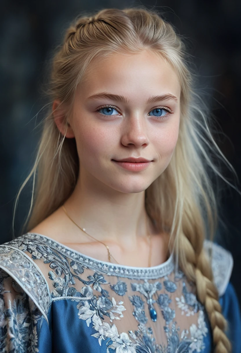 Portrait of a Norwegian beautiful teenager, small breasts, intricate dress, soft smile, natural lips, long blonde hair with shaved sides , blue-grey eyes, realism, digital painting, concept art, smooth, sharp focus, rule of thirds, Style-Psycho