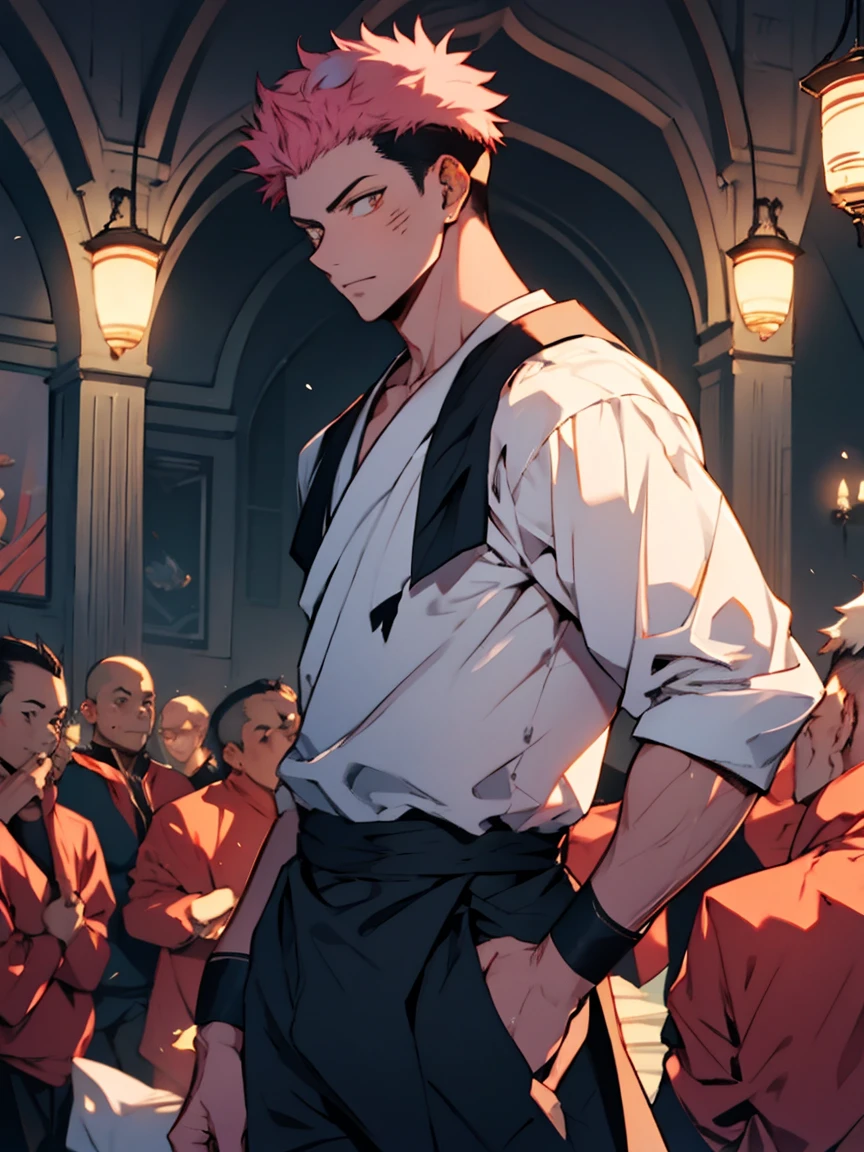 the highest quality, 8k, high resolution image, estilo jujutsu kaisen, Detailed strokes, light coming through the windows, (close up angle), 1 man, in an old French ballroom with other people in the background , muscular, redhead, Wear a dress shirt   , pants marking the crotch, striking eyes, swollen chest