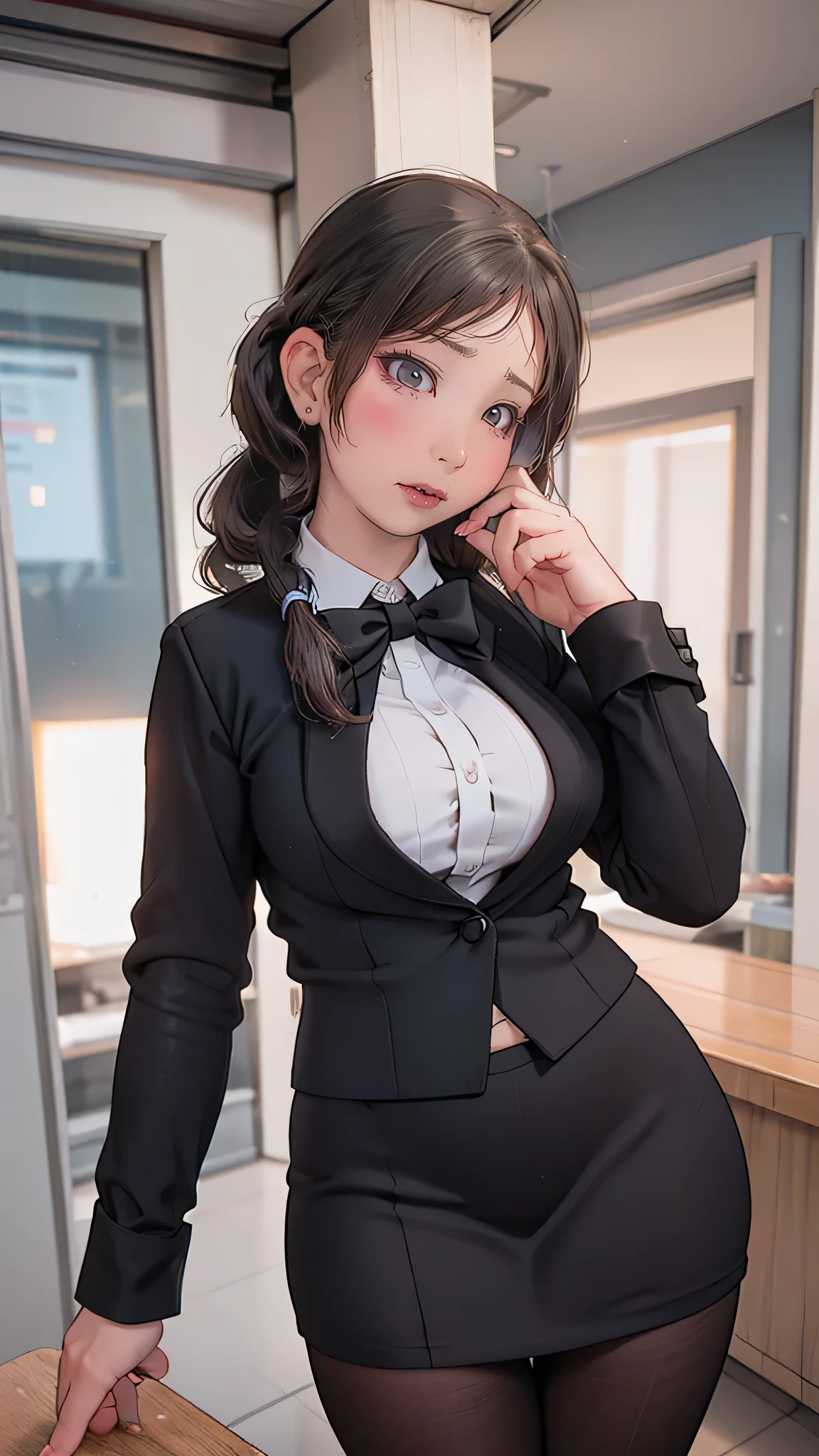 1woman,random office lady fashion,(Thin type),(large breasts),(random sexy pose),(random hairstyle),(Highest image quality,(8K), Ultra-realistic, Best Quality, High quality, High Definition, high quality texture, high detailing, Beautiful detailed, fine detailed, extremely details CG, Detailed texture, realistic representation of face, masterpiece, presence),(wearing glasses:1.2),black pantyhose