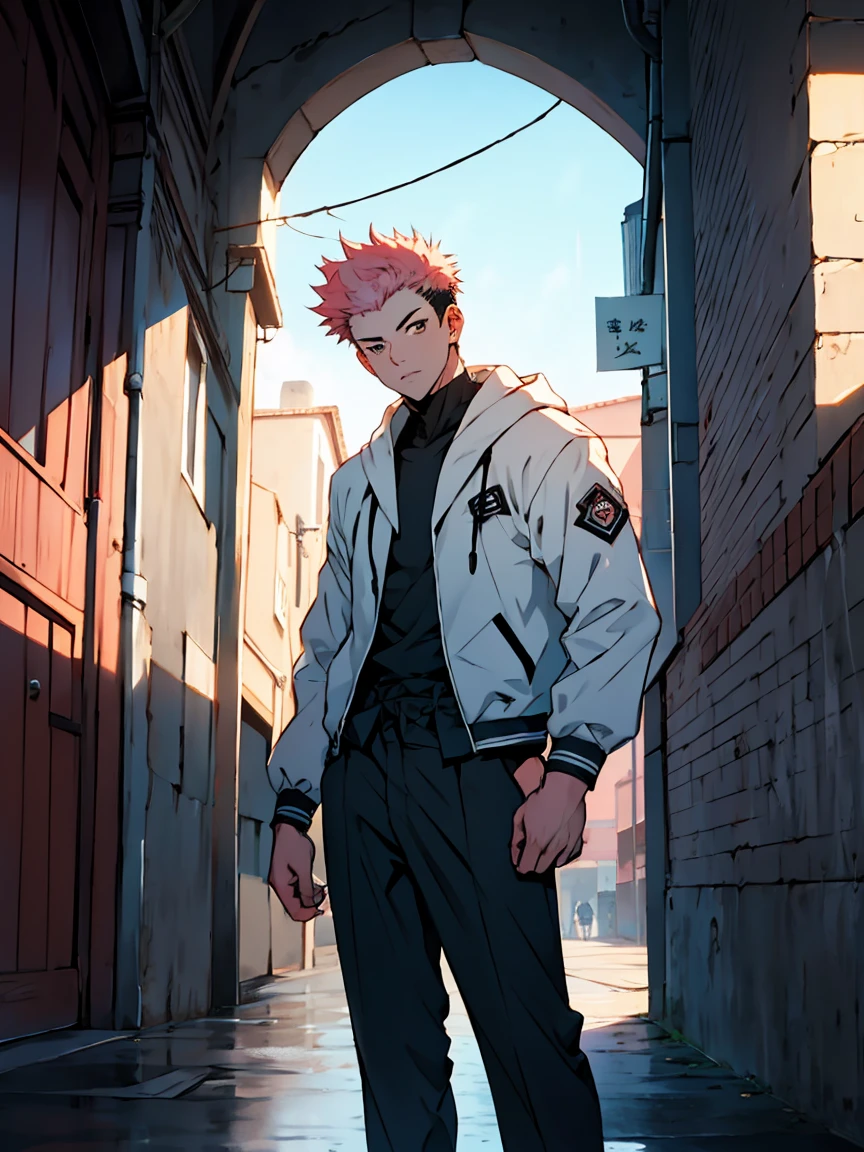 the highest quality, 8k, High resolution image, estilo Jujutsu Kaisen, Detailed strokes, light coming through the windows, (close up angle), 1 man, young, masculine, model, parading on a catwalk with people watching the parade , muscular, redhead, Bring a cold jacket  , pants marking the crotch, striking eyes, swollen chest