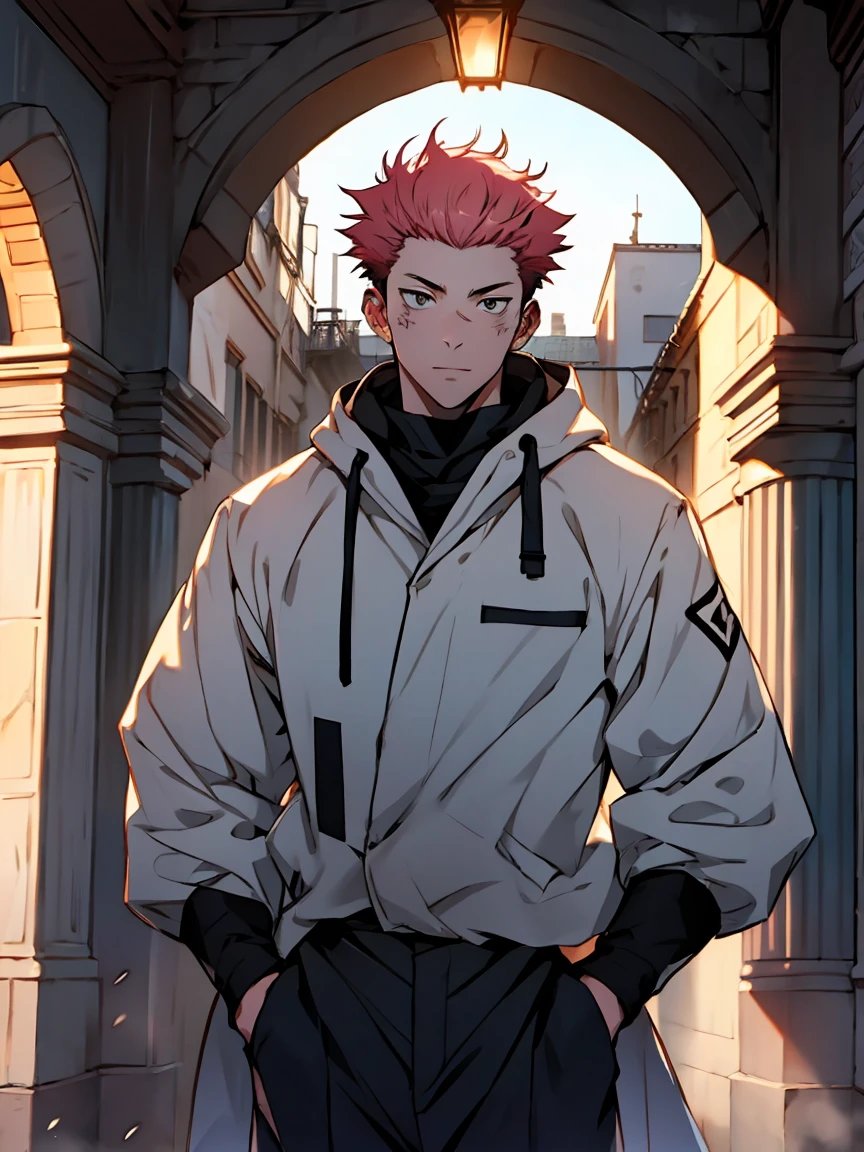 the highest quality, 8k, High resolution image, estilo Jujutsu Kaisen, Detailed strokes, light coming through the windows, (close up angle), 1 man, young, masculine, model, parading on a catwalk with people watching the parade , muscular, redhead, Bring a cold jacket  , pants marking the crotch, striking eyes, swollen chest