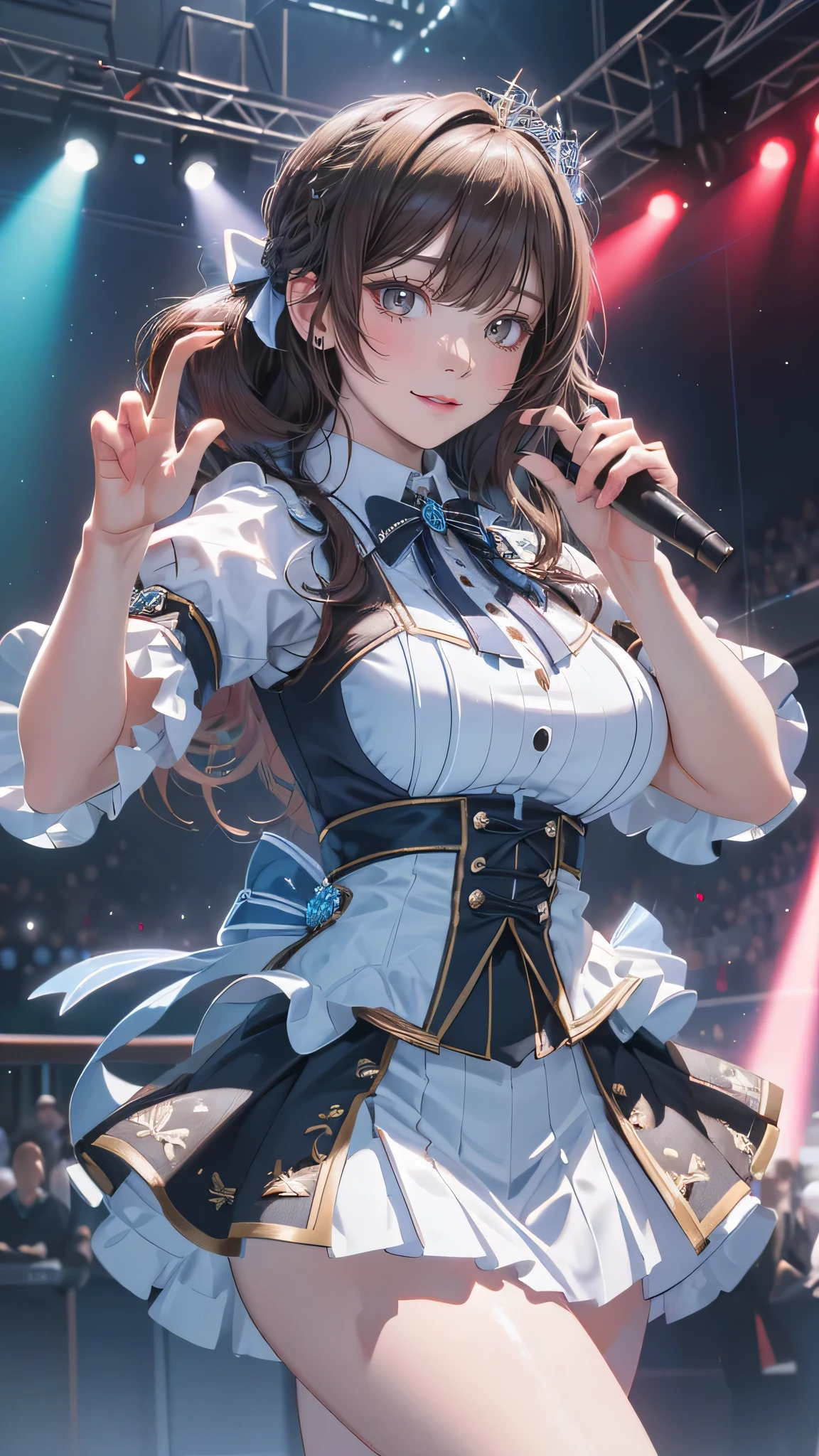 random Idol costume,(sing:1.2),(Random Pose),(Thin type),(large breasts),(random hairstyle),(Highest image quality, (8K), Ultra-realistic, Best Quality, High quality, High Definition, high quality texture, high detailing, Beautiful detailed, fine detailed, extremely details CG, Detailed texture, realistic representation of face, masterpiece, presence)