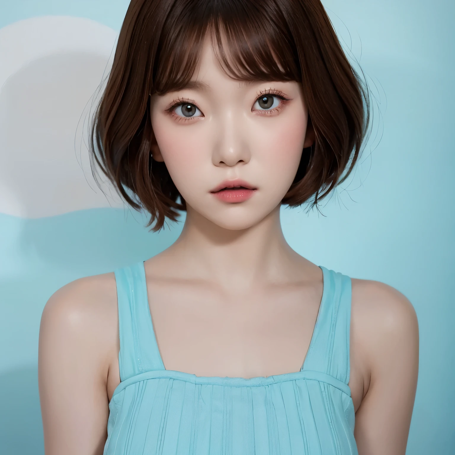 tsuki, ((1girl)), bob haircut, fringe, brown hair, ((light blue dress)), short dress, white background, portrait 