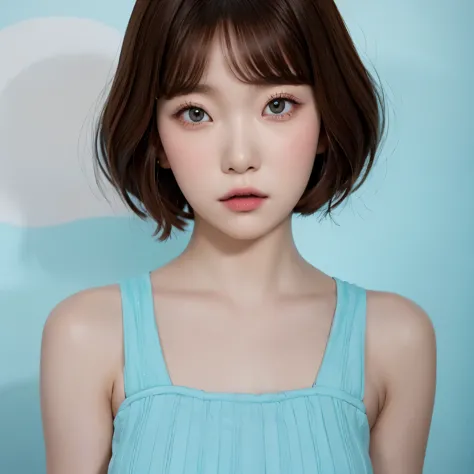 tsuki, ((1girl)), bob haircut, fringe, brown hair, ((light blue dress)), short dress, white background, portrait