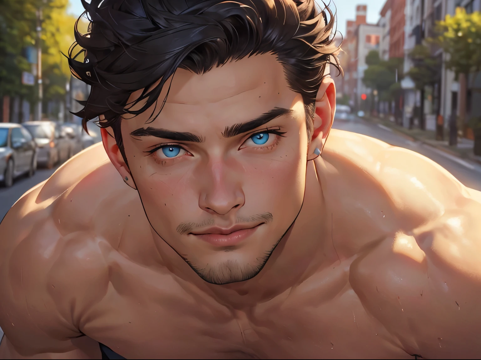 ((the best quality)), ((Masterpiece)), (details), perfect face, high definition, Masterpiece,4k,details clearly, Handsome face, white skin, perfect body, male body, strong muscles, abdomen, blue eyes, white skin, The most handsome man in the world, handsome, The coolest face, Male characters, close image (1man, shirtless), young man, mischievous smile, Extremely muscular tall man, open your eyes ((detailed eyes)), huge, muscular body and Massive, bulging pecs, muscular abs, narrow waist, short hair, blue eyes, delicate big eyes, carefree expression, clear face, handsome (detailed face, perfect face) ((extremely realistic shadows, bodybuilding posture, human, ((22-year-old young man)), V shape, fashion, Shirtless, Sunlight, street lower pants, topless, close up look, CG sense, Textured skin, the best quality, Storytelling images, show Panty line, Show your abs, show arm muscle, Black hair, shining blue eyes, eyes contact, leather belt, Red cheeks, bright, black jeans