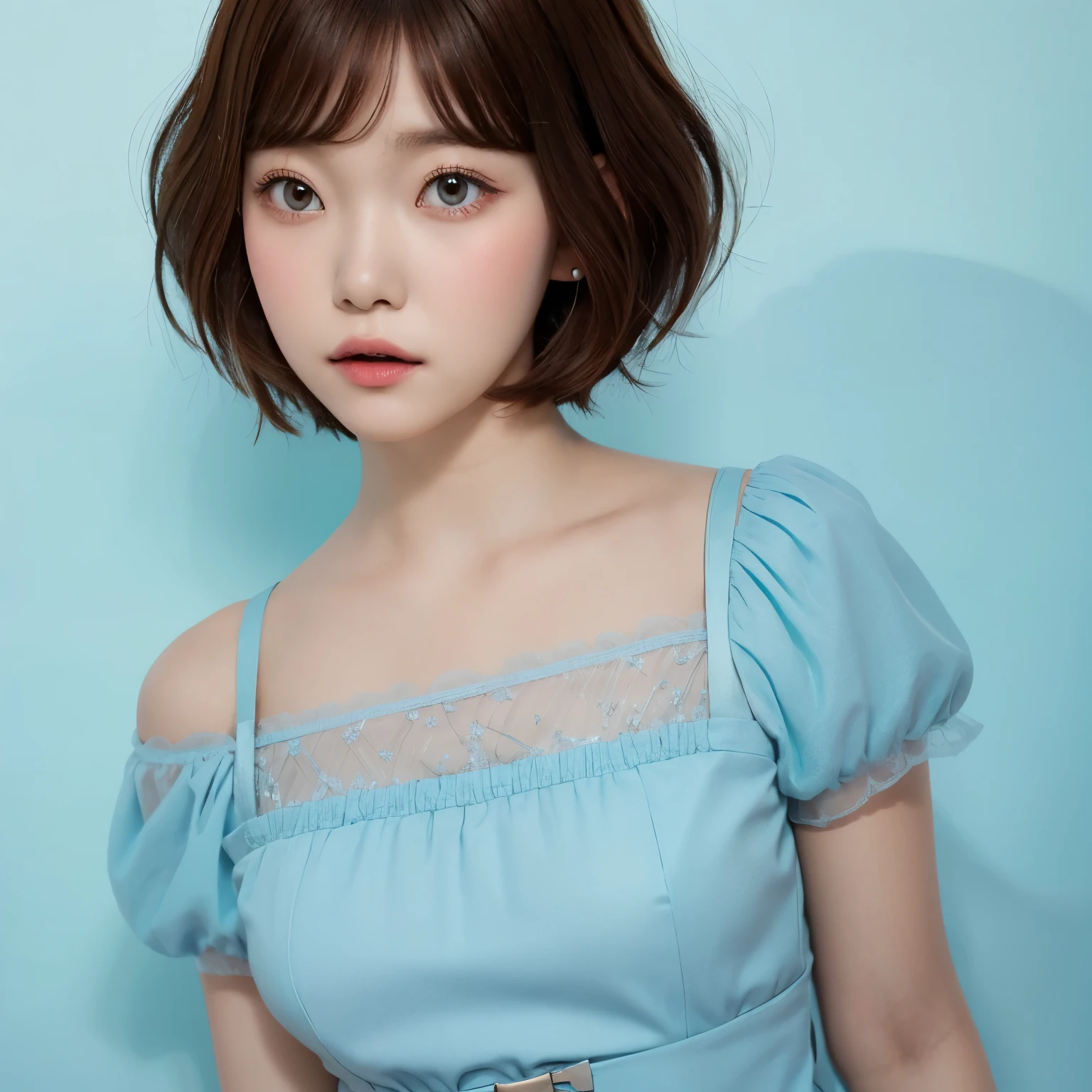 tsuki, ((1girl)), bob haircut, fringe, brown hair, ((light blue dress)), short dress, white background, portrait 