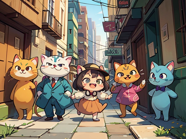 cartoon, surreal, cinematic, dramatic, comical, dynamic view, very colorful, HD quality, seven cute anthropomorphic kittens, trickster style, 1930s style gangsters, in an alley of a big city, relaxed, ironic smiles,