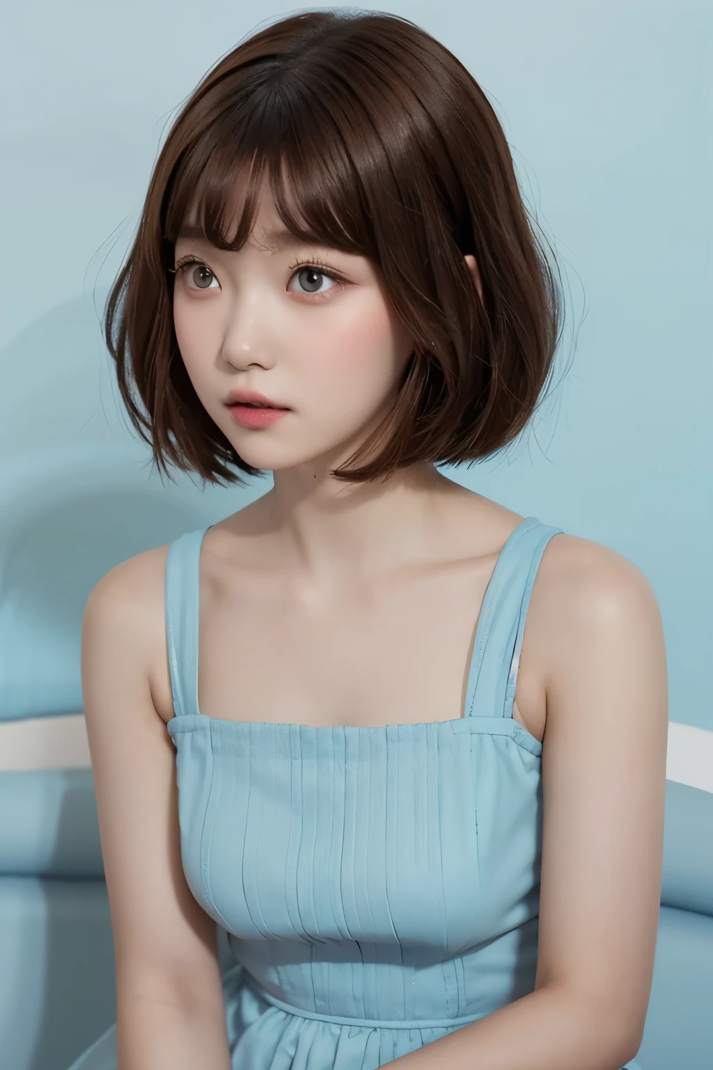 tsuki, ((1girl)), bob haircut, fringe, brown hair, ((light blue dress)), short dress, white background, portrait 