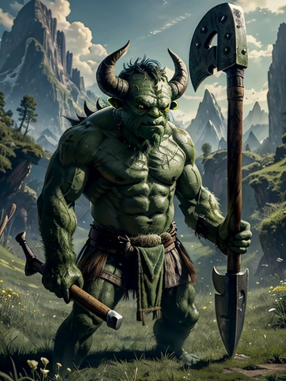 very Short and potbellied ugly green monster with little tiny horns wearing a loincloth, holding a wooden shield and a hammer, meadow background