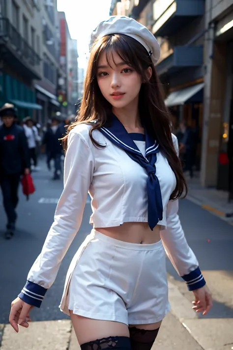 1girl, korean, light smile, long hair, brown hair, medium breast, sailor outfit, sailor uniform, walking on street, dynamic ligh...