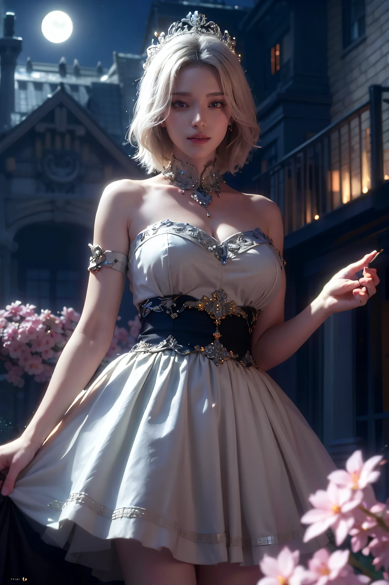 masterpiece, best quality, 1girl, (colorful),(finely detailed beautiful eyes and detailed face),cinematic lighting, bust shot, extremely detailed CG unity 8k wallpaper, white hair, solo, smile, intricate skirt,((flying petal)),(Flowery meadow) sky, cloudy sky, building, moonlight, moon, night, (dark theme:1.3), light, fantasy,