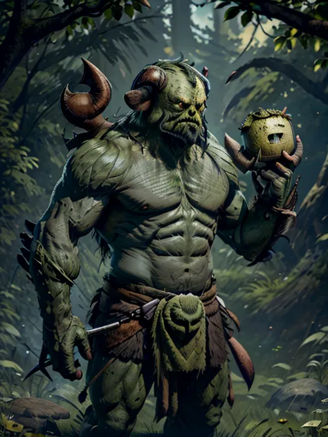 very Short and potbellied ugly green monster with little tiny horns wearing a loincloth, holding a wooden shield and a hammer, m...
