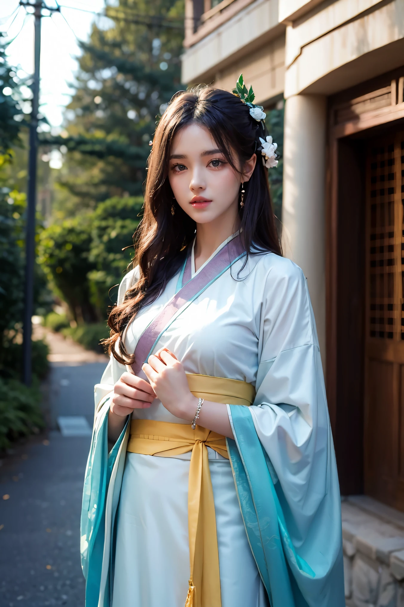 best quality, masterpiece, photo realistic, ultra realistic, raw photo, 1girl, hanfu, standing in front a house, hair ornament, bracelet, beautifull face, beautifull eyes, detailed background, finely detailed