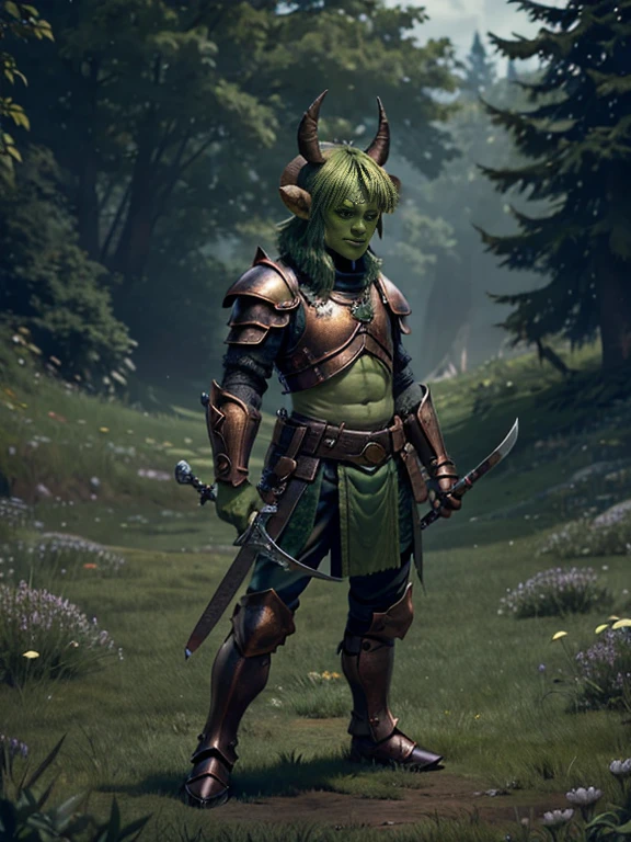 monstro verde feio, muito baixo e barrigudo, com pequenos chifres vestindo uma armadura de cobre, Segurando duas espadas, fundo do prado
