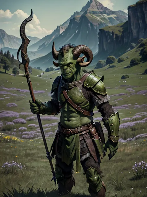 very Short and potbellied ugly green monster with little tiny horns wearing a brown leather armor, holding a spear, meadow backg...