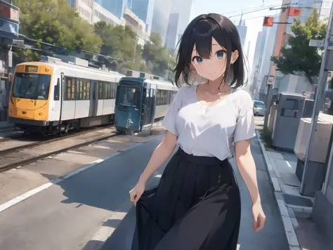  in long skirt、Tram stations、Shirt clinging to no-bra 、Cute white underwear showing off a lifted skirt