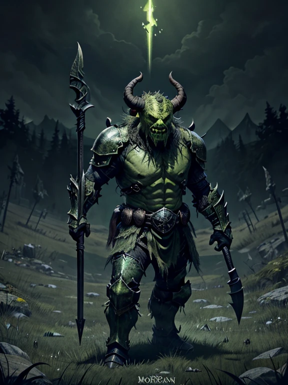 非常矮小、大腹便便、丑陋的绿色怪物，长着小小的角，穿着黑色的金属盔甲, 拿着长矛, 草地背景
