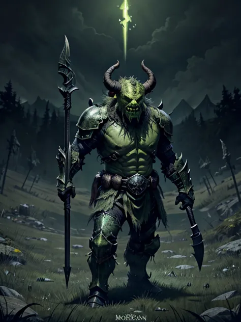 very Short and potbellied ugly green monster with little tiny horns wearing a black metal armor, holding a spear, meadow backgro...