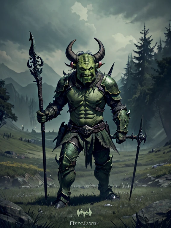 very Short and potbellied ugly green monster with little tiny horns wearing a black metal armor, holding a spear, meadow background
