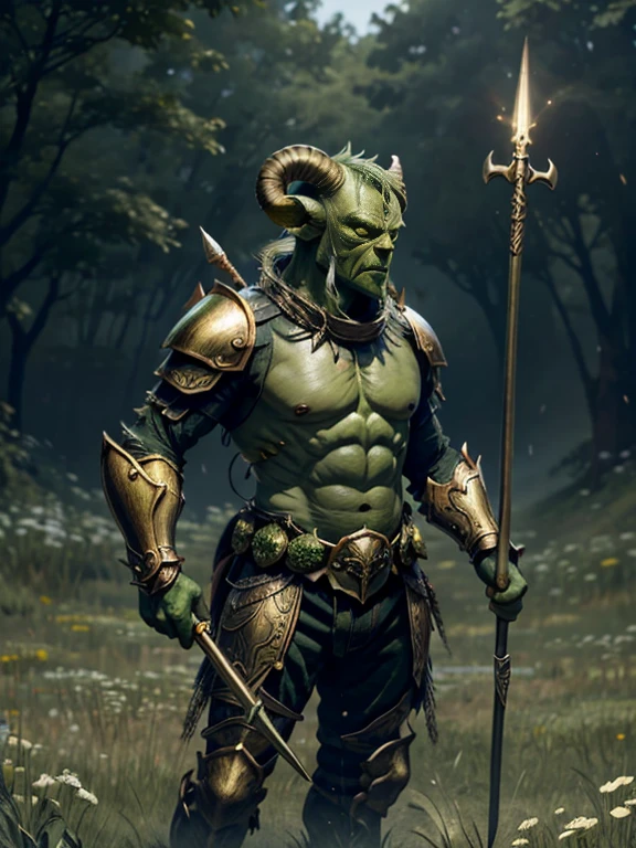 very Short and potbellied ugly green monster with little tiny horns wearing a gold metal armor, holding a spear, meadow background