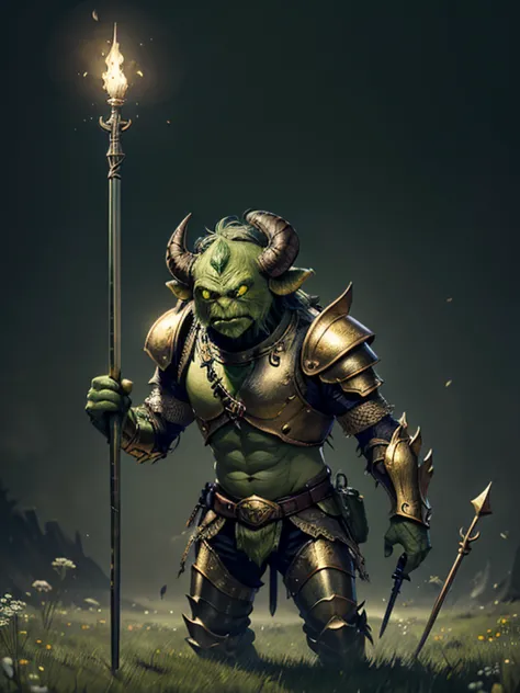 very Short and potbellied ugly green monster with little tiny horns wearing a gold metal armor, holding a spear, meadow backgrou...
