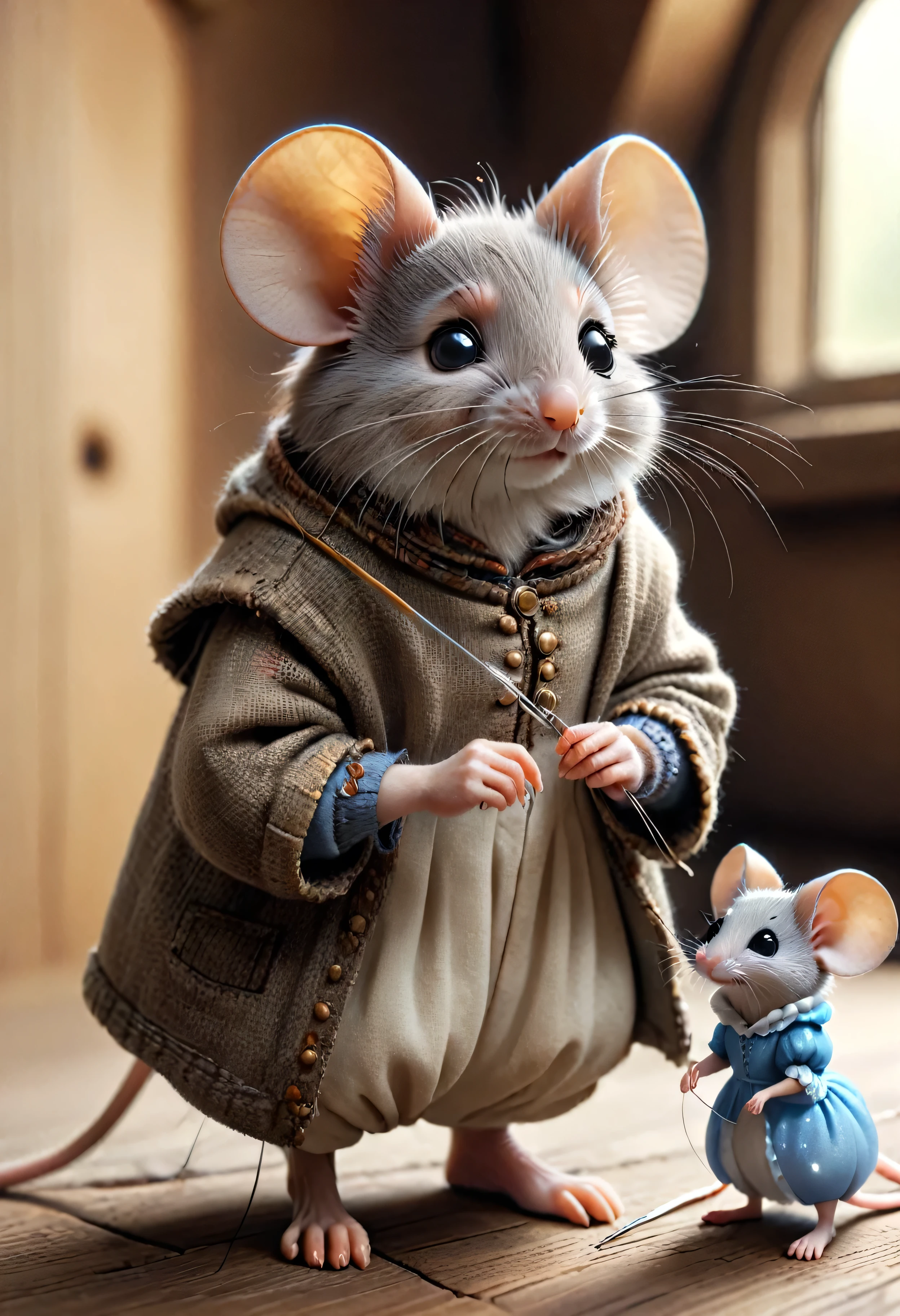 (masterpiece:2), (realistic illustration: 2), (high quality and detailed illustration:2), (characters in focus:2), (two male mice dressed in old clothes), (two cute mice in peasant clothes from the 13th century), (the mice wear different outfits with different colors from each other), (the two mice have different colors in their fur), (one mouse is brown and another mouse is gray with white spots), (2 mice hold a giant skein of thread), (a mouse carries a huge sewing needle), (illustration based on the story of Cinderella:2), no direct sunlight, no glare, no reflections, diffuse light, dim light, studio light, (((bottom of attic with wooden floor)))