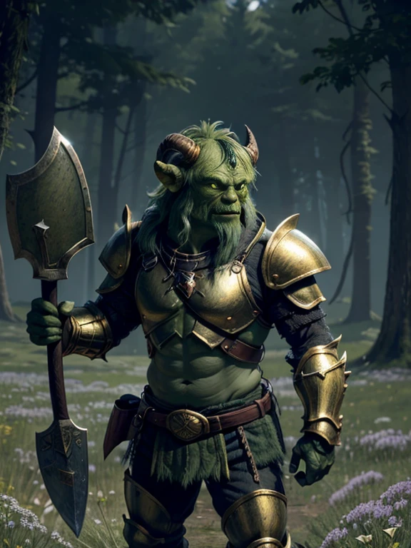 Monstro verde feio, muito baixo e barrigudo, com pequenos chifres, vestindo uma armadura de metal dourado, segurando um machado, fundo do prado