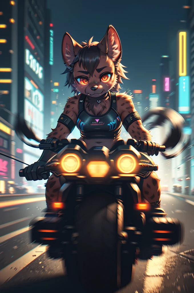 (cyberpunk2070 style:1.2) , front view , focus face , 1 hairy hyena girl , Short stature , realistic hairy fur , Round face, swollen cheeks,round eyes , hot pants , in the night city , driving motorcycle , zoom blur , (motion blur:1.5) , (Spinning tires:1.5) , Leaning forward