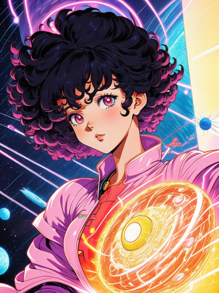 adult woman, white woman, black curly hair, afro haircut, HHUD, supernova explosion, outer space,  HUD_Neon_90s_Anime