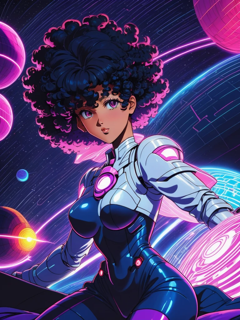 erwachsene Frau, weiße Frau, schwarzes lockiges Haar, kurzes lockiges Haar, Afro-Haarcut, Afro-Haarstyle, Afro-Haar, HHUD, Supernova, Weltraum,  HUD_Neon_90er Jahre_Anime-Serie