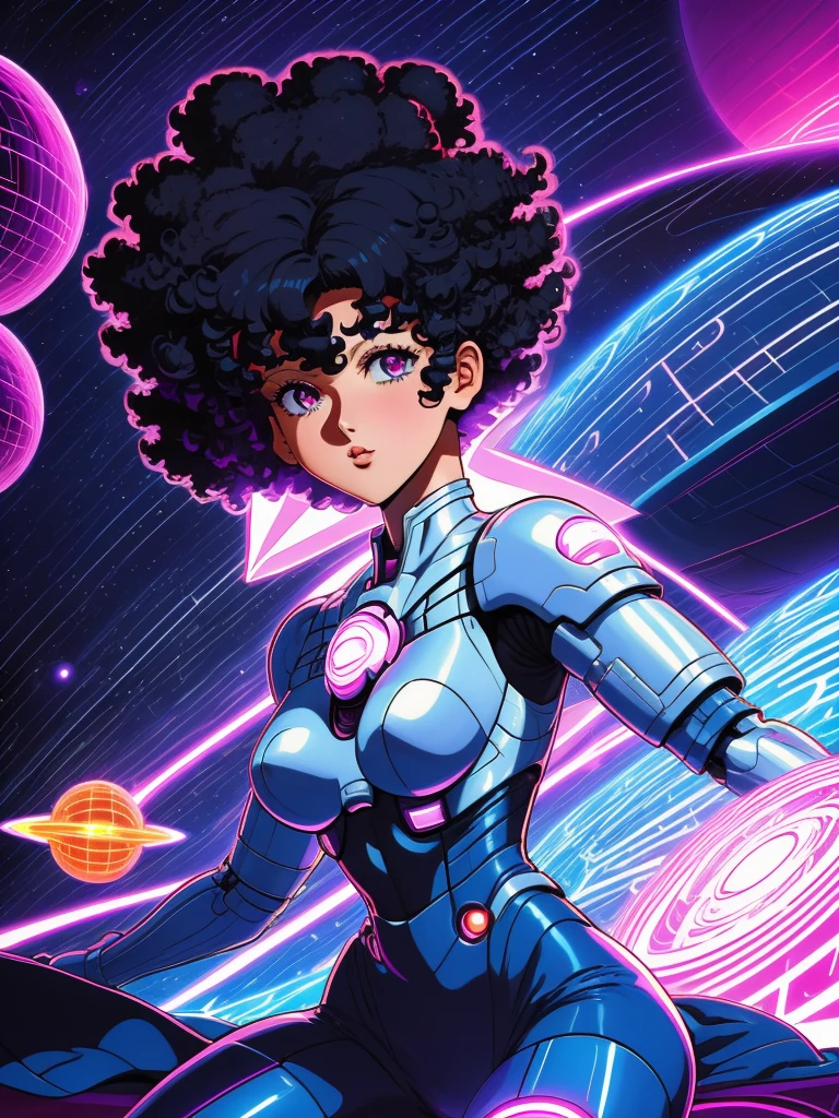 adult woman, white woman, white skin, black curly hair, short curly hair, afro haircut, afro hairstyle, afro hair, short hair, HHUD, supernova, outer space,  HUD_Neon_90s_Anime