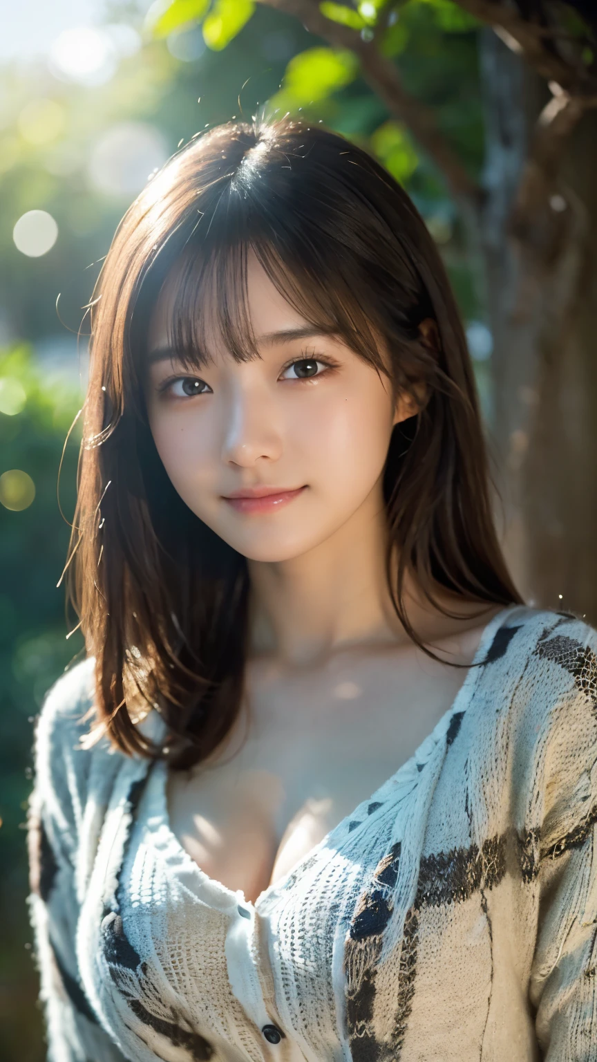 (highest quality,masterpiece:1.3,Ultra-high resolution),(Very detailed,Caustics,8k),(Realistic:1.4,RAW shooting),18-year-old,cute,Japanese Idols,Black hair half up,Smiling and looking at the camera,Crouched posture,Big Breasts,cardigan,Knitted dress,(garden),(Low position:1.2),(Low Angle:1.2),(Face Focus:1.2),(Face close-up:1.2),Natural light,(Lens flare),Professional Writing