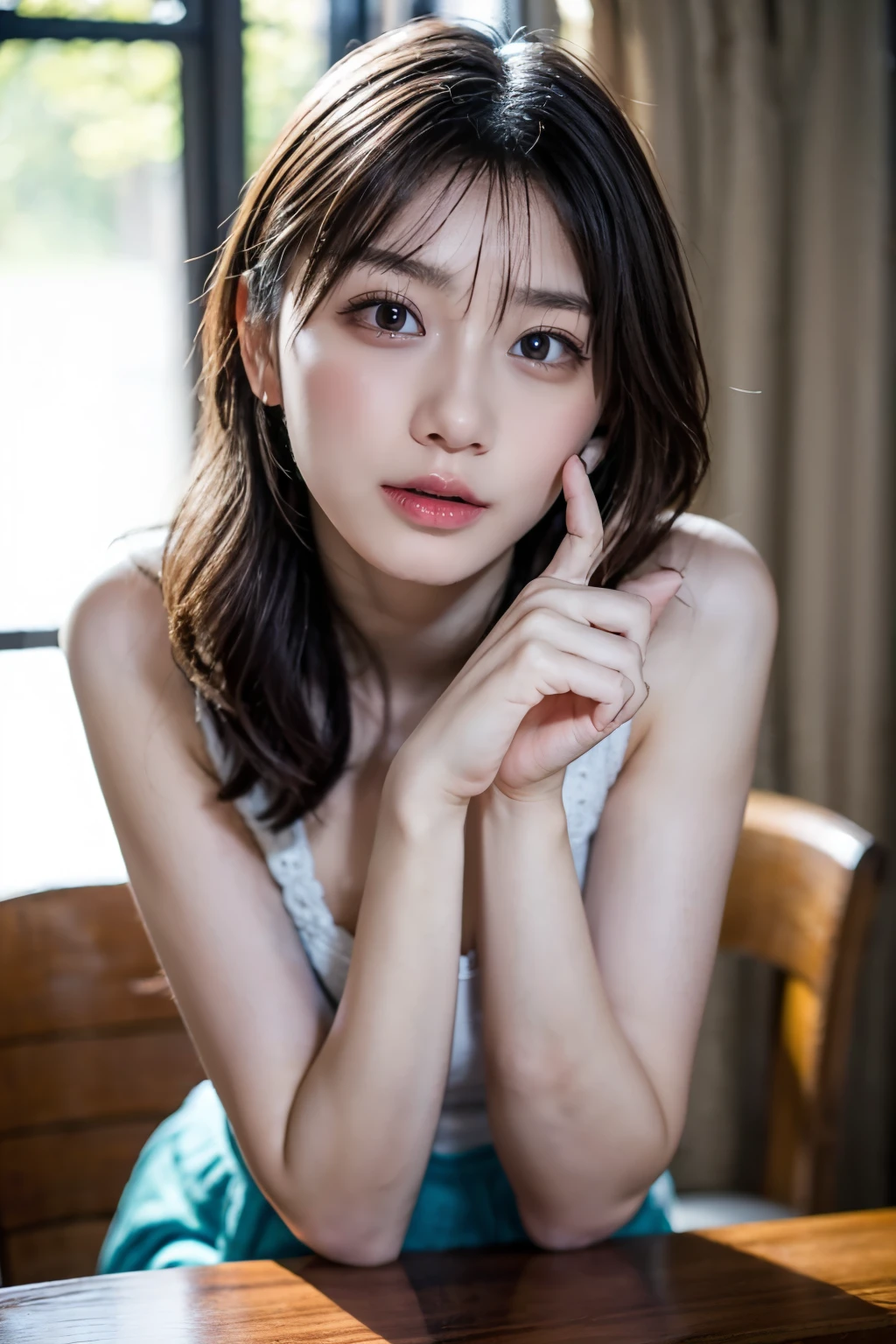 Ulzzang-6500-v1.1, (RAW Photos:1.2), (Photorealistic), Beautiful detailed girl, (Genuine: 1.4), Very detailedな目と顔, Beautiful and fine details, Snow Scene、Large file size, High resolution, Very detailed, highest quality, [masterpiece:1.6], Awareness-raising, Very detailed, Hmph, In detail, highest quality, 8k wallpaper, Cinema Lighting, One Girl, 17 years old, Perfect figure, Cute droopy eyes、Beautiful big eyes、Pieck Finger, ((Tabletop)), highest quality, One Girl, eye shadow, Upper Body, Portraiture, ((Full Body Shot:1.2))、