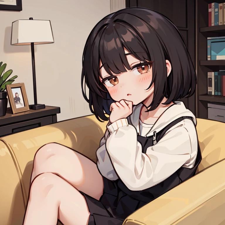 (masterpiece:1.2, highest quality), 1 girl, alone, Black Hair, Fluffy cut hair, cute , Brown eyes, View Viewer, Sitting on the couch, It&#39;s raining outside, window, raining scenery window, hydrangea，I have a book, Black school sweater, black beanie, Short skirt, socks, (cute slippers), Round Glasses Black Cozy, room, pastel colour