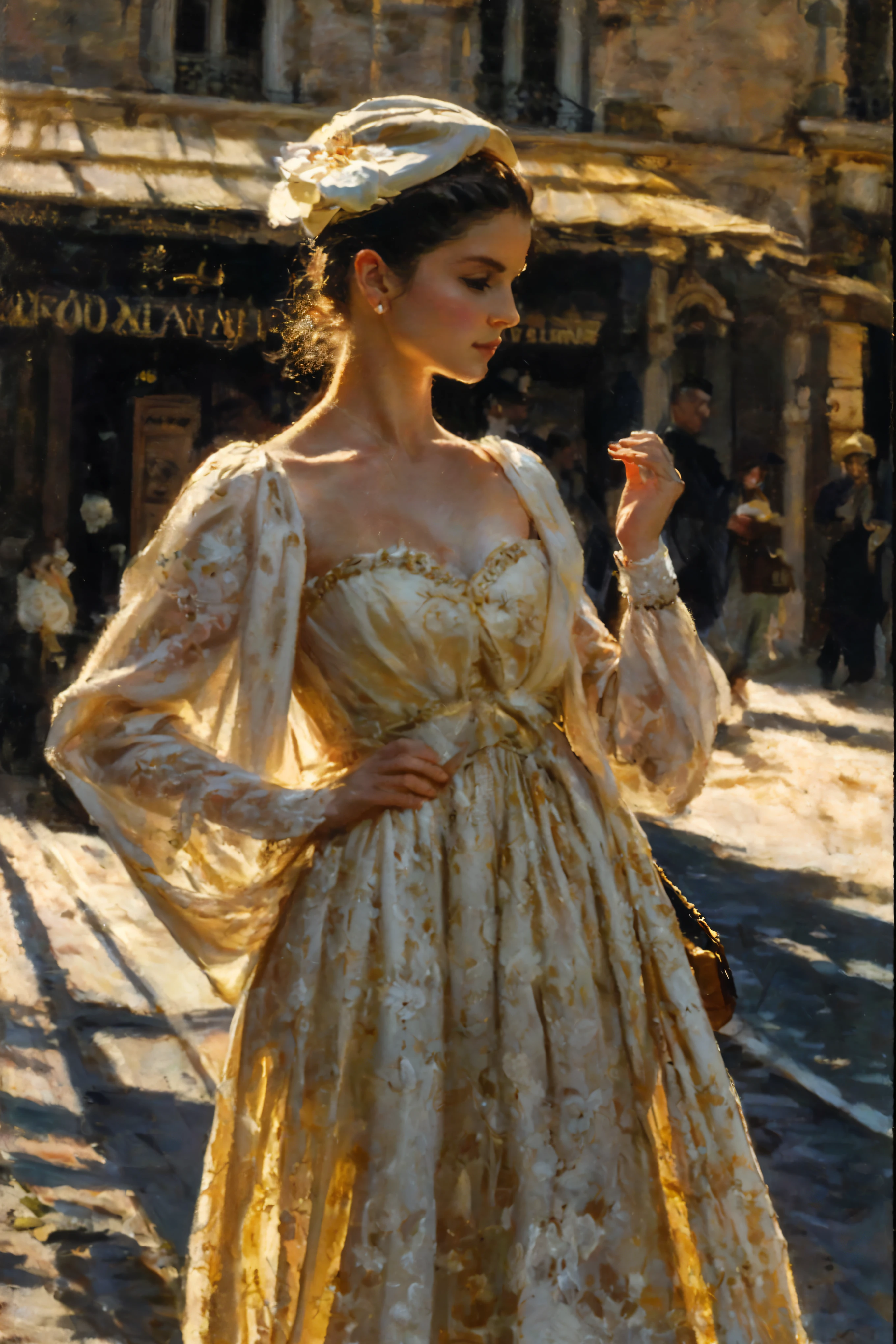 Create an image that captures the essence of classical art and award-winning painting, drawing inspiration from Monet oil paintings. Visualize a enchanting oil painting of beautiful French female in a Parisian Cafe. Her skin should be meticulously detailed, with eyes that glow with life, and a facial structure that fits the golden ratio of attractiveness, including clear double eyelids and perfectly applied lip gloss on pale lips. | She is dressed in an elegant Parisian outfit with female beret, and she is moving with a dynamic and bold grace. The setting is a beautiful Parisian cafe, with her poised under the warm light of sunlight, casting striking shadows around her. Capture her from a low angle to reveal her whole body in a dynamic pose, adding to the intensity of the scene. She looks dreamily into the distance, her expression both engaging and ethereal. | Rendered in ultra-high detail and quality, this masterpiece ensures anatomical correctness and textured skin with super detail. With a focus on high quality and accuracy, this award-winning portrayal captures every nuance in stunning 16k resolution, immersing viewers in its lifelike depiction. | ((elegant parisian outfit):1.1), ((fancy handgloves):1.1), ((female beret):1.1). | (((anatomical correctness))), (((perfect_fingers))), (((perfect_legs))), (((perfect_hands))), ((perfect_composition, perfect_design, perfect_layout, perfect_detail, ultra_detailed)), ((enhance_all, fix_everything)), More Detail, Enhance.