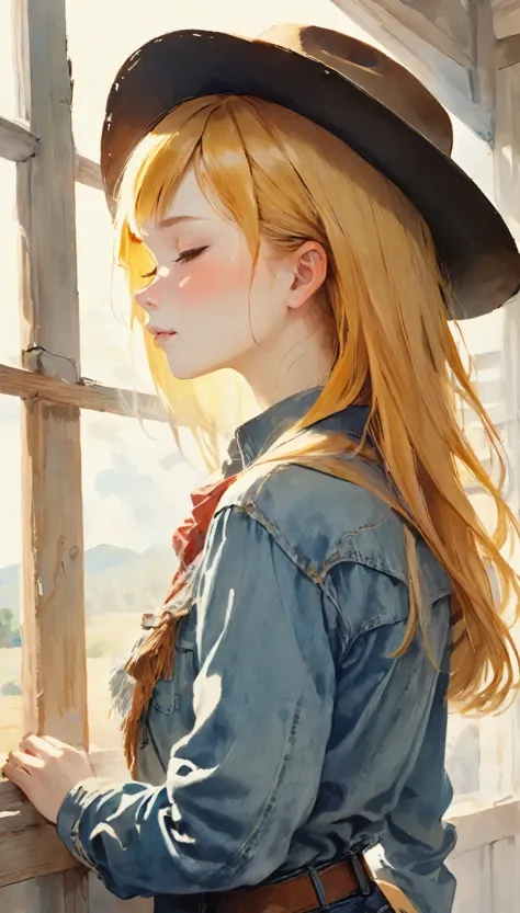 watercolor、light color、beautiful colors、perfect anatomy、cowboy shot、girl closing her eyes、cute、profile