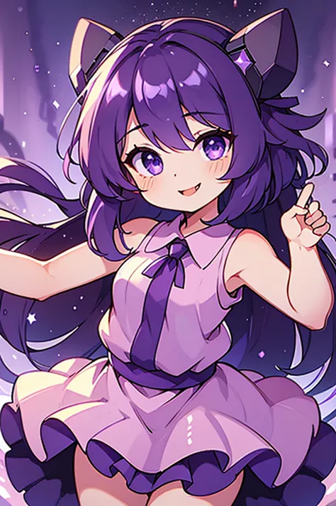 1 girl with tongue out, wide, star (symbol), view visor, (purple hair: 1.2), purple eyes, upper body, hair ornament, ruffles, pi...