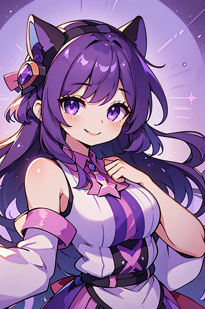 1 girl with tongue out, wide, star (symbol), view visor, (purple hair: 1.2), purple eyes, upper body, hair ornament, ruffles, pink shirt, smile, sleeveless, shirt, idol, symbol shaped pupil, punches, one side up, star-shaped pupils, arms raised looking at viewer, Peace sign, Hand raised