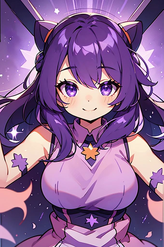 1 girl with tongue out, wide, star (symbol), view visor, (purple hair: 1.2), purple eyes, upper body, hair ornament, ruffles, pink shirt, smile, sleeveless, shirt, idol, symbol shaped pupil, punches, one side up, star-shaped pupils, arms raised looking at viewer, Peace sign, Hand raised