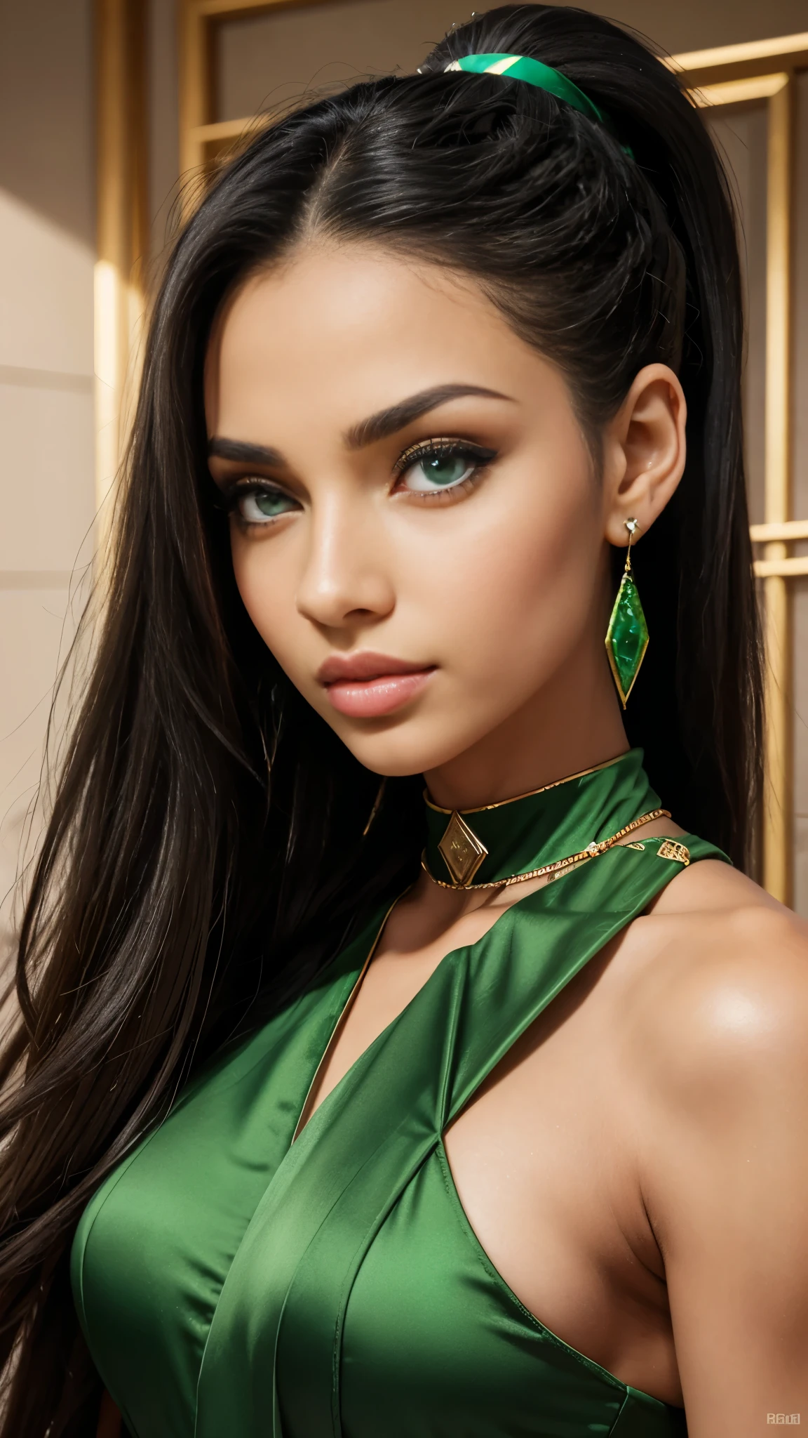 Diamond face shape, green eyes, eyes Egyptian, big lips, lips natural colored, beautiful, long hair, black hair, hair in a ponytail, green rhombus stone in the forehead, thin earrings 