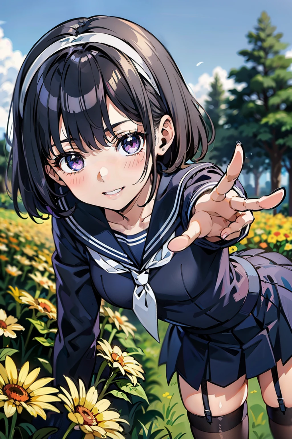 sailor uniform, sailor suit, one woman, (A beauty woman, Delicate high school girl:1.3), 8K, highest quality, masterpiece, Very detailed, Ultra-high resolution, Realistic, RAW Photos, Absolute Resolution, Black Hair, Bobcut, Small face compared to body, Very small face, Black Hair, ((Navy blue sailor suit)), Navy Blue Skirt, High school girl in sailor suit, 2D Rendering of Anime, Realistic若いアニメの女子高生, , ((White headband)), Small breasts, tall, Slanted Eyes, Purple Eyes, Black Stockings, garter belt, toothless smile, garden, (Reaching out:1.3), (Top-down position:1.2), blurry background,