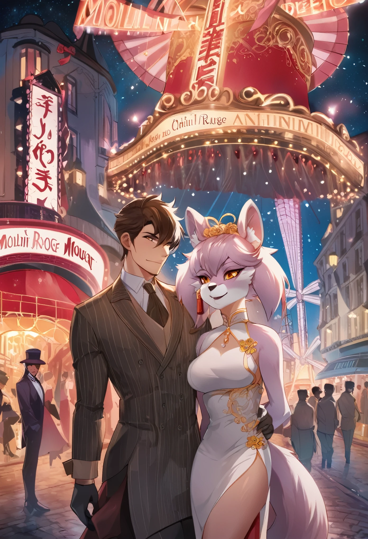 movie poster, highres, top quality, best quality, perfect artwork, absurdres, perfect anatomy(young male detective and a woman in Chinese dress furry, kemono, anthro)arafed image of a couple in a city street at night, moulin rouge, movie artwork, concept art of love, romance novel cover, neo - romanticism,