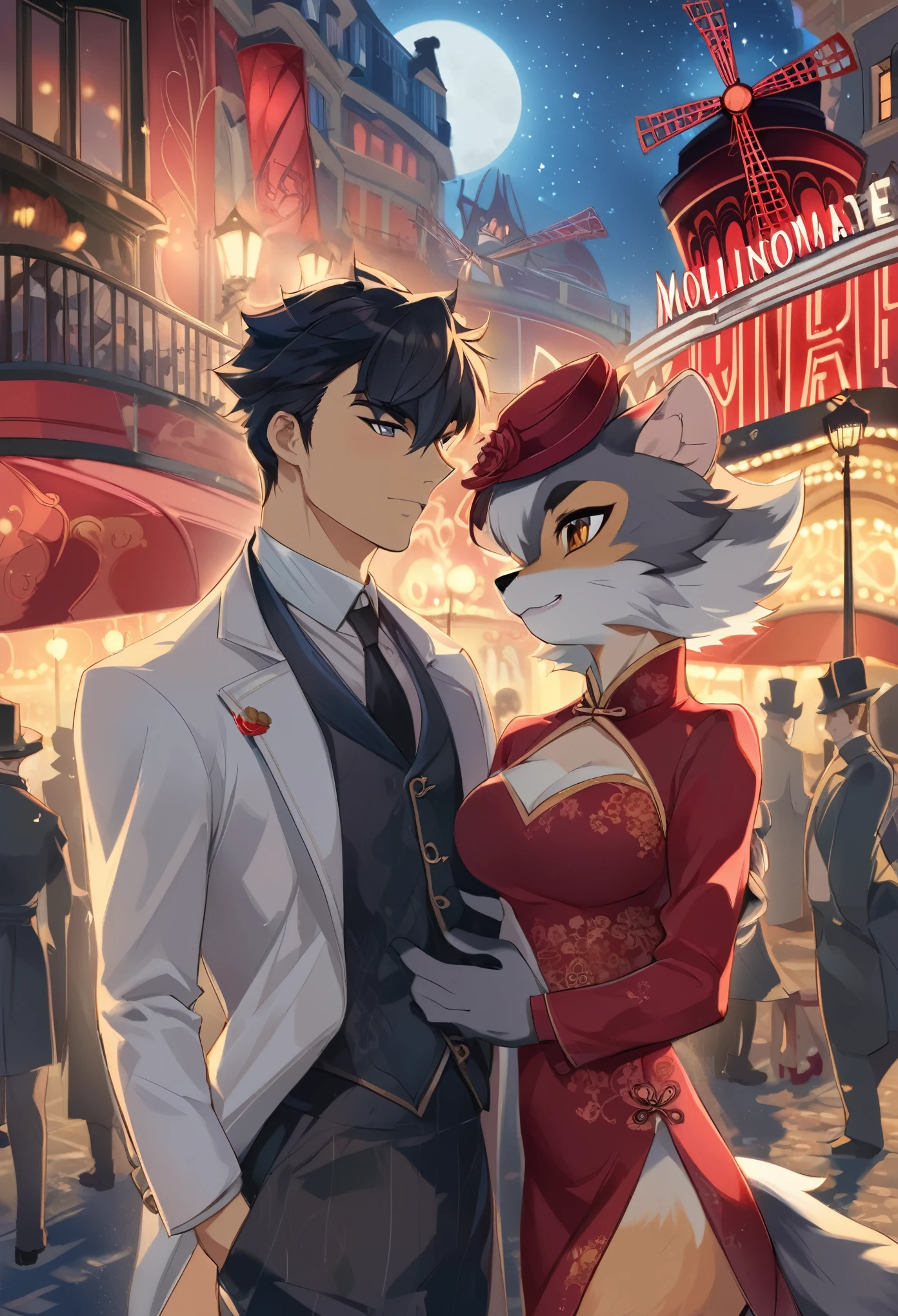 movie poster, highres, top quality, best quality, perfect artwork, absurdres, perfect anatomy(young male detective and a woman in Chinese dress furry, kemono, anthro)arafed image of a couple in a city street at night, moulin rouge, movie artwork, concept art of love, romance novel cover, neo - romanticism,