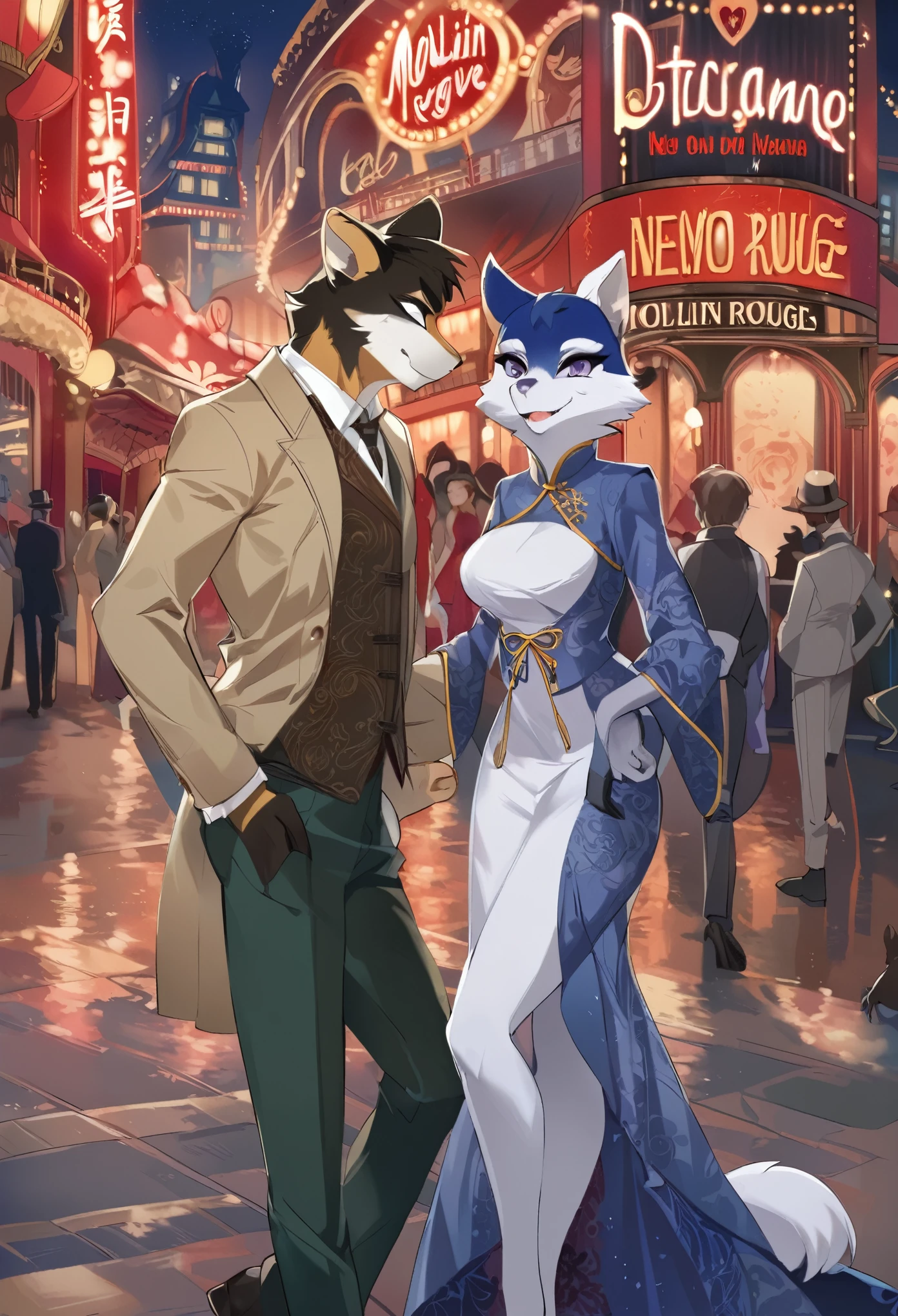 movie poster, highres, top quality, best quality, perfect artwork, absurdres, perfect anatomy(young male detective and a woman in Chinese dress furry, kemono, anthro)arafed image of a couple in a city street at night, moulin rouge, movie artwork, concept art of love, romance novel cover, neo - romanticism,