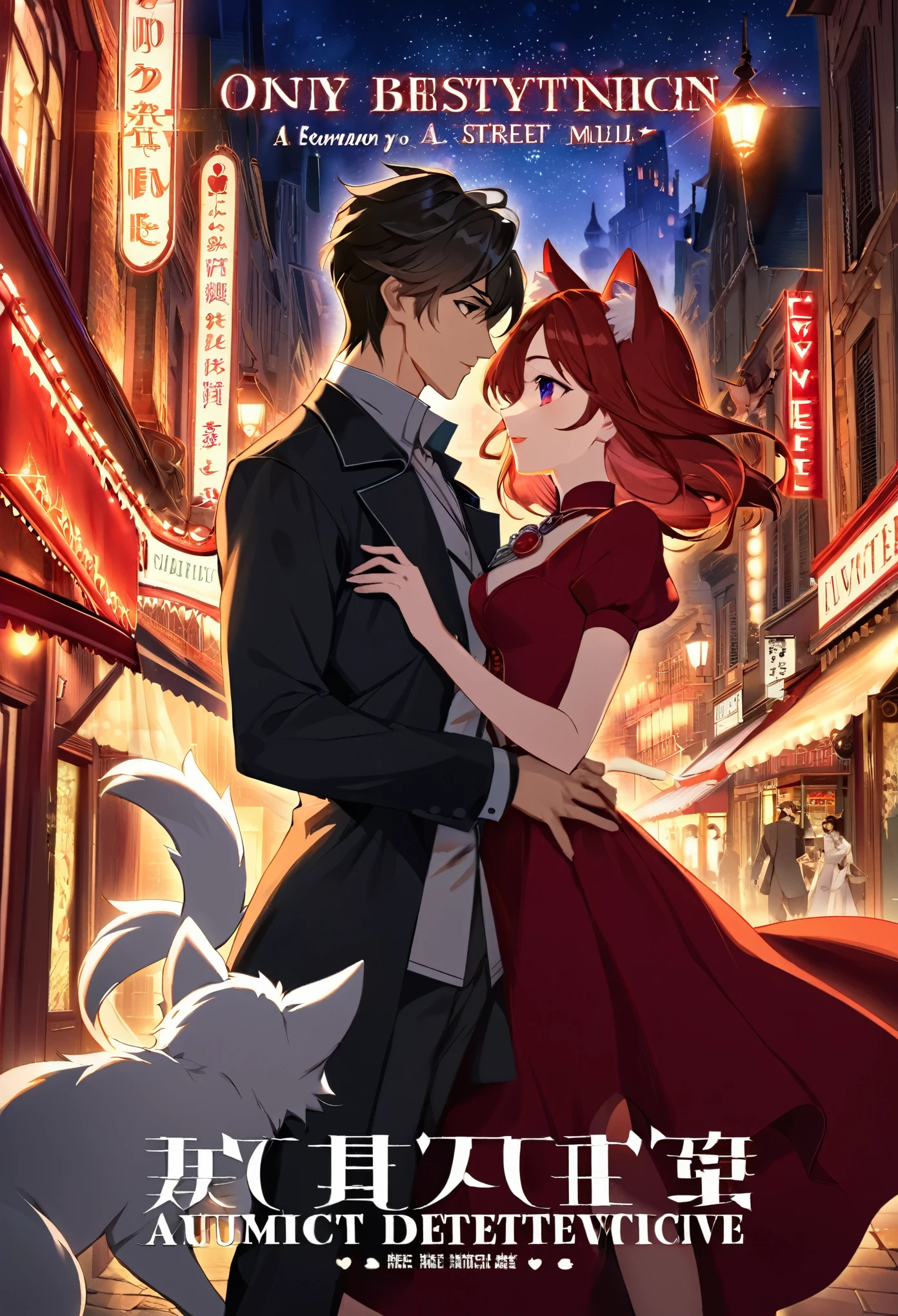 movie poster, highres, top quality, best quality, perfect artwork, absurdres, perfect anatomy(young male detective and a woman in Chinese dress furry, kemono, anthro)arafed image of a couple in a city street at night, moulin rouge, movie artwork, concept art of love, romance novel cover, neo - romanticism,